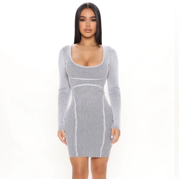 Brand New FASHION NOVA Grey Long Sleeve Mini Dress - Picture 2 of 6